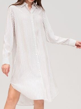 LILYSILK Navy Pinstriped Freesia Smooth Silk Shirt Dress Midi Round hem Sz Large